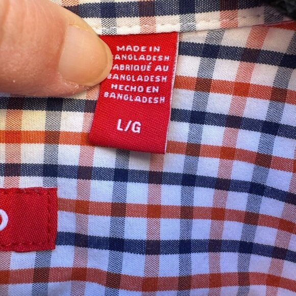 Izod Mens Long Sleeve Button Up Red/Navy/White Plaid Cotton Classic Fit Shirt L - Picture 5 of 10